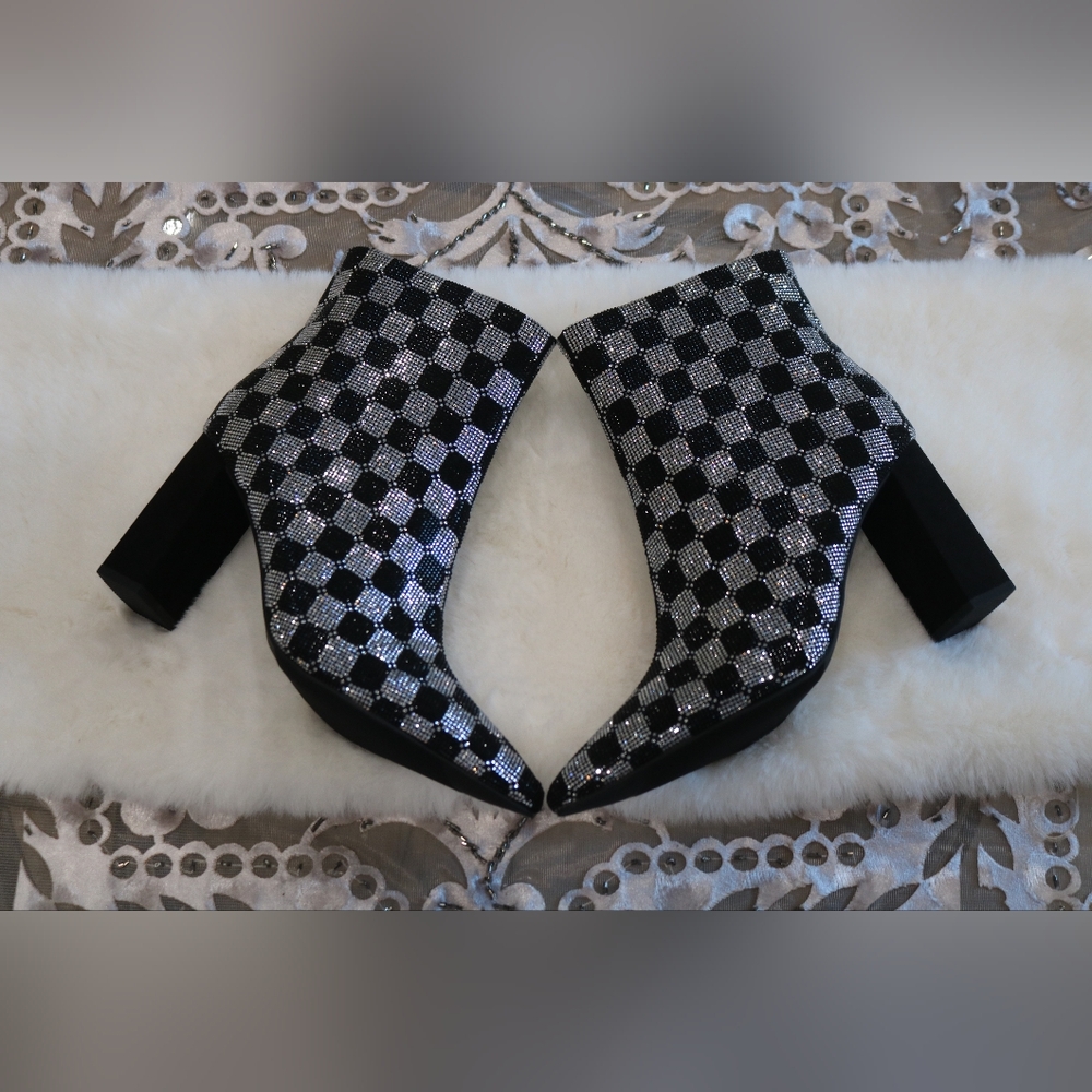 Wild Pair Ingridd Pointed Toe Bling Dress Booties, 7.5M- Black/White Checker - Picture 3 of 9